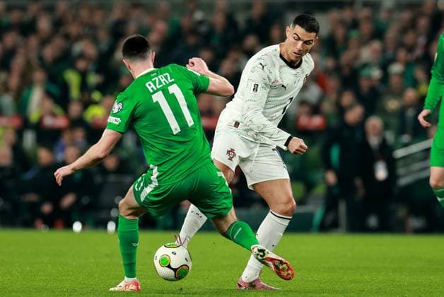 2026 FIFA World Cup, WM, Weltmeisterschaft, Fussball Qualifier Group F, Aviva Stadium, Dublin 13 11 2025 Republic of Ireland vs Portugal Portugal s Cristiano Ronaldo in action with Ireland s Finn Azaz Cristiano Ronaldo in action with Finn Azaz 13 11 2025  Copyright: x INPHO MorganxTreacyx 0U6A0390