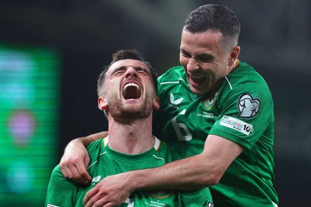 Troy Parrott of the Republic of Ireland celebrates scoring a goal to make it 2-0 with Josh Cullen of the Republic of Ireland Republic of Ireland v Portugal, FIFA 2026 World Cup Qualifying, Group F, Football, Aviva Stadium, Dublin, Ireland - 13 Nov 2025Dublin Aviva Stadium Ireland EDITORIAL USE ONLY No use with unauthorised audio, video, data, fixture lists, club league logos or live services. Online in-match use limited to 120 images, no video emulation. No use in betting, games or single club league player publications.  Copyright: xLorrainexO Sullivan Shutterstockx 15759346am