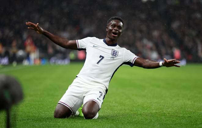 Bukayo Saka of England celebrates after he scores the opening goal to put England 1-0 up England v Serbia - UEFA World Cup Qualifiers - Group K. Football. Wembley Stadium, London. UK. 13 NOV 2025Wembley Wembley Stadium London United Kingdom Editorial use only  Copyright: xJASONPIX Shutterstockx 15785832f