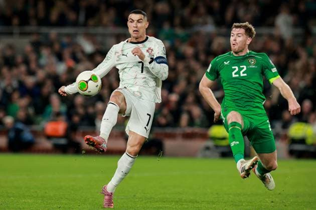 2026 FIFA World Cup, WM, Weltmeisterschaft, Fussball Qualifier Group F, Aviva Stadium, Dublin 13 11 2025 Republic of Ireland vs Portugal Portugal s Cristiano Ronaldo in action with Ireland s Nathan Collins Cristiano Ronaldo in action with Nathan Collins 13 11 2025  Copyright: x INPHO MorganxTreacyx 0U6A1086