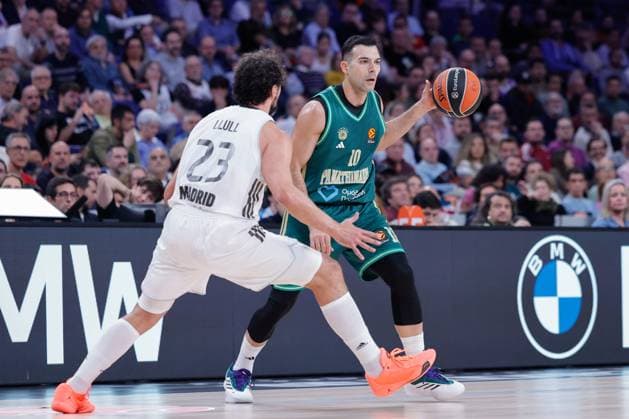 November 13, 2025, Madrid, Madrid, Spain: Kostas Sloukas of Panathinaikos and Sergio Llull Melia of Real Madrid in action during the Turkish Airlines Euroleague 2025 26, Regular Season Round 11 match played between Real Madrid and Panathinaikos AKTOR Athens at Movistar Arena on November 13, 2025 in Madrid, Spain. Madrid Spain - ZUMAa181 20251113_zaa_a181_277 Copyright: xDennisxAgyemanx