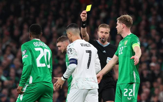 Cristiano Ronaldo of Portugal is shown a yellow card Republic of Ireland v Portugal, FIFA 2026 World Cup Qualifying, Group F, Football, Aviva Stadium, Dublin, Ireland - 13 Nov 2025Dublin Aviva Stadium Ireland EDITORIAL USE ONLY No use with unauthorised audio, video, data, fixture lists, club league logos or live services. Online in-match use limited to 120 images, no video emulation. No use in betting, games or single club league player publications.  Copyright: xLorrainexO Sullivan Shutterstockx 15759346ar