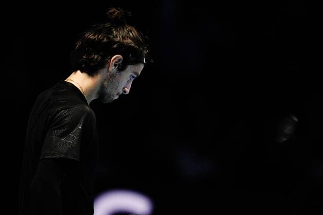 Italy s Lorenzo Musetti react during the singles tennis match of the ATP, Tennis Herren World Tour Finals againsSpain s Carlos Alcaraz at the Inalpi Arena in Turin, Italy - Thursday, Nov. 13, 2025. -  Copyright: xMarcoxAlpozzi LaPressex