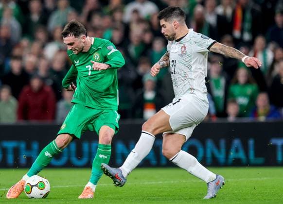 2026 FIFA World Cup, WM, Weltmeisterschaft, Fussball Qualifier Group F, Aviva Stadium, Dublin 13 11 2025 Republic of Ireland vs Portugal Ireland s Troy Parrott and Portugal s Ruben Neves Troy Parrott and Ruben Neves 13 11 2025  Copyright: x INPHO RyanxByrnex RB2_6381