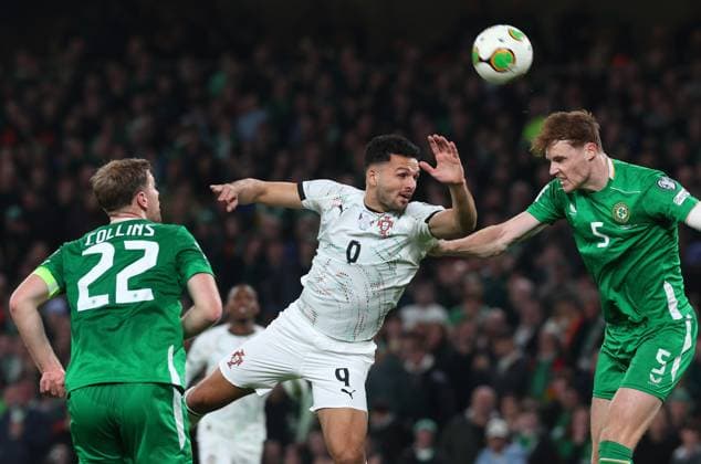 Jake O Brien of the Republic of Ireland heads the ball whilst being challenged by Goncalo Ramos of Portugal Republic of Ireland v Portugal, FIFA 2026 World Cup Qualifying, Group F, Football, Aviva Stadium, Dublin, Ireland - 13 Nov 2025Dublin Aviva Stadium Ireland EDITORIAL USE ONLY No use with unauthorised audio, video, data, fixture lists, club league logos or live services. Online in-match use limited to 120 images, no video emulation. No use in betting, games or single club league player publications.  Copyright: xLorrainexO Sullivan Shutterstockx 15759346ba