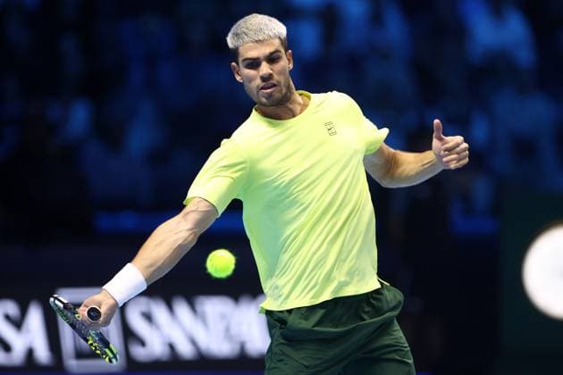 Carlos Alcaraz (Spain) controls the ball, day 5, Nitto ATP, Tennis Herren Finals 2025, INALPI Arena, November 13, 2025, Turin, Italy.