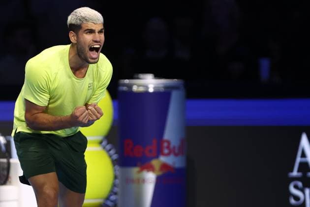 Carlos Alcaraz (Spain) celebrate after winning, day 5, Nitto ATP, Tennis Herren Finals 2025, INALPI Arena, November 13, 2025, Turin, Italy.