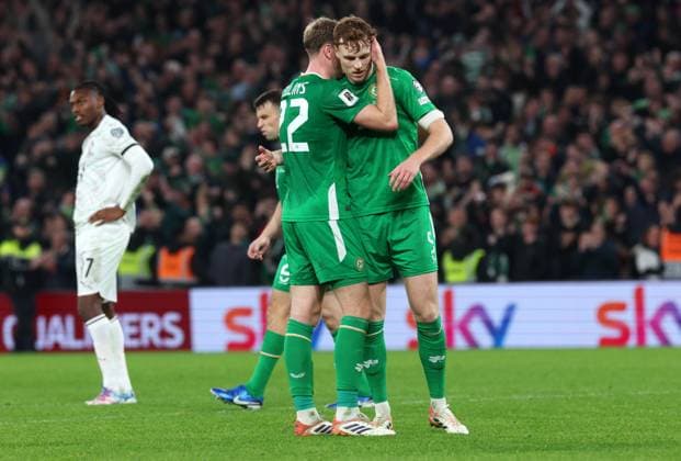 Nathan Collins of the Republic of Ireland and Jake O Brien of the Republic of Ireland celebrate winning the game at full time Republic of Ireland v Portugal, FIFA 2026 World Cup Qualifying, Group F, Football, Aviva Stadium, Dublin, Ireland - 13 Nov 2025Dublin Aviva Stadium Ireland EDITORIAL USE ONLY No use with unauthorised audio, video, data, fixture lists, club league logos or live services. Online in-match use limited to 120 images, no video emulation. No use in betting, games or single club league player publications.  Copyright: xLorrainexO Sullivan Shutterstockx 15759346be