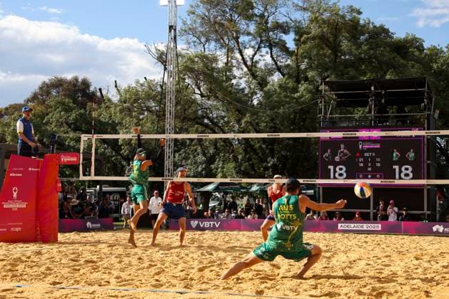 Beach volleyball, Beachvolleyball WORLD CHAMPIONSHIPS, D™Artagnan Potts and Jack Pearse of (AUS) vs Chaim Schalk and James Shaw (USA) during The Beach Volleyball World Championships at Pinky Flat in Adelaide, Friday, November 14, 2025. ( NO ARCHIVING, EDITORIAL USE ONLY ADELAIDE SOUTH AUSTRALIA AUSTRALIA  Copyright: xMATTxTURNERx 20251114142924917302