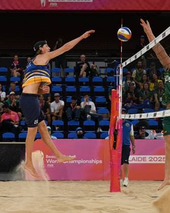 251114 Sweden™s Jacob Nilsson Holting and Elmer Andersson during their victorious first group game against Australia™s Hood Merritt during The Beach volleyball, Beachvolleyball World Championships 14 November 2025 in Adelaide, Australia. Photo: Michael Errey BILDBYRAN volleyboll volleyball beachvolley beach volleyball world championships sverige australien national team, Nationalteam sweden herr Copyright: MICHAELxERREY BB251114BB142