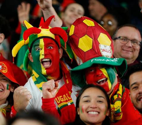 13th November 2025; Aviva Stadium, Dublin, Ireland; FIFA World Cup, WM, Weltmeisterschaft, Fussball Qualifiers International Football, Republic of Ireland versus Portugal; Portuguese support with face paint and colourful hats  PeterxFitzpatrick