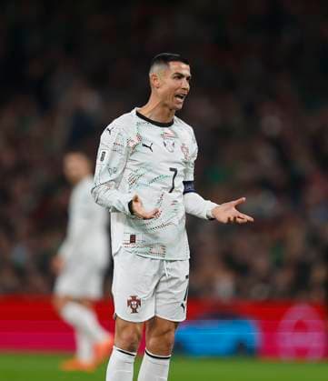13th November 2025; Aviva Stadium, Dublin, Ireland; FIFA World Cup, WM, Weltmeisterschaft, Fussball Qualifiers International Football, Republic of Ireland versus Portugal; Cristiano Ronaldo (c) of Portugal reacts to the yellow card  PeterxFitzpatrick