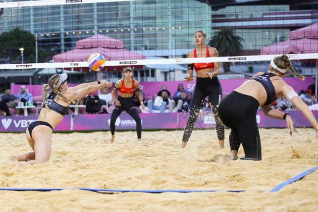 Beach volleyball, Beachvolleyball WORLD CHAMPIONSHIPS, Annique Niederhauser and Leona Kernen (SUI) vs Lea Kunst and Melanie Paul (GER) during The Beach Volleyball World Championships at Pinky Flat in Adelaide, Friday, November 14, 2025. ( NO ARCHIVING, EDITORIAL USE ONLY ADELAIDE SOUTH AUSTRALIA AUSTRALIA  Copyright: xMATTxTURNERx 20251114163301736785