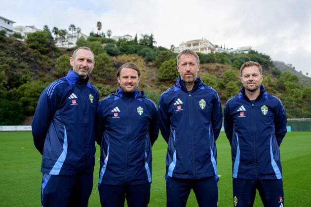 251114 Head coach Graham Potter with the assistant coaches Andreas Georgson, Björn Hamberg and Sebastian Larsson of the Swedish national football team during a training session on November 14, 2025 in Marbella. Photo: Joel Marklund BILDBYRAN kod JM JM0749 bbeng fotboll football soccer fotball vm-kval FIFA World Cup, WM, Weltmeisterschaft, Fussball qualifier träning practice training sverige sweden sverige a Copyright: JOELxMARKLUND BB251114JM036