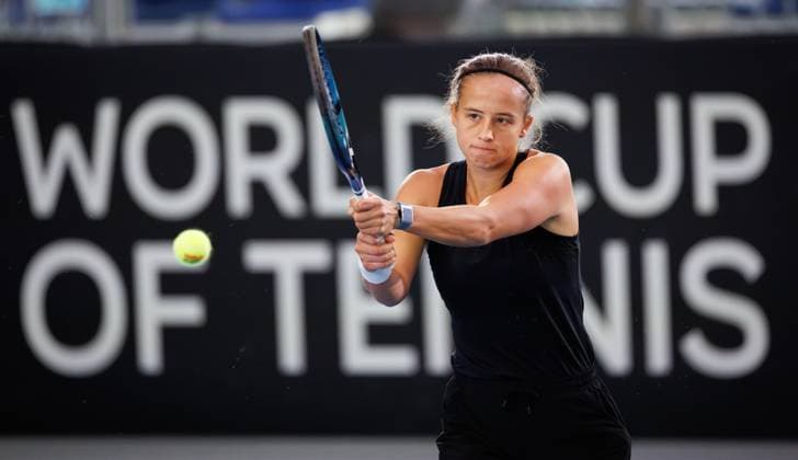 Belgian Hanne Vandewinkel pictured in action during a training session of the Belgian tennis players competing in the upcoming Billie Jean King Cup Play-offs, on Friday 14 November 2025 in Ismaning, Germany. This weekend Belgium will meet Germany and Turkey. PHOTO BENOITxDOPPAGNE  x141526834x