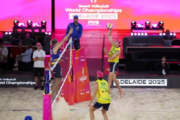 Beach volleyball, Beachvolleyball WORLD CHAMPIONSHIPS, David Ahman & Jonatan Hellvig (SWE) vs Paul Burnett & Thomas Hodges (AUS) during The Beach Volleyball World Championships at Pinky Flat in Adelaide, Friday, November 14, 2025. ( NO ARCHIVING, EDITORIAL USE ONLY ADELAIDE SOUTH AUSTRALIA AUSTRALIA  Copyright: xMATTxTURNERx 20251114130925300899