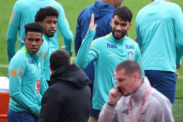 Brazil Training 14 November 2025, London - Brazil press conference, PK, Pressekonferenz & Training Session - Estevao and Lucas Paqueta - Photo: Charlotte Wilson Offside. London UK Copyright: xCharlottexWilsonx xOffsidexOffside