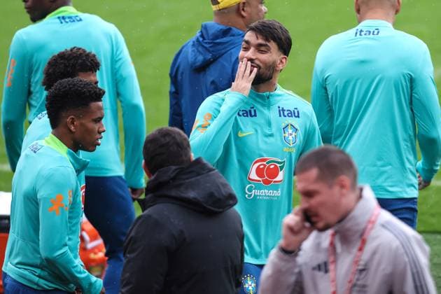 Brazil Training 14 November 2025, London - Brazil press conference, PK, Pressekonferenz & Training Session - Lucas Paqueta - Photo: Charlotte Wilson Offside. London UK Copyright: xCharlottexWilsonx xOffsidexOffside