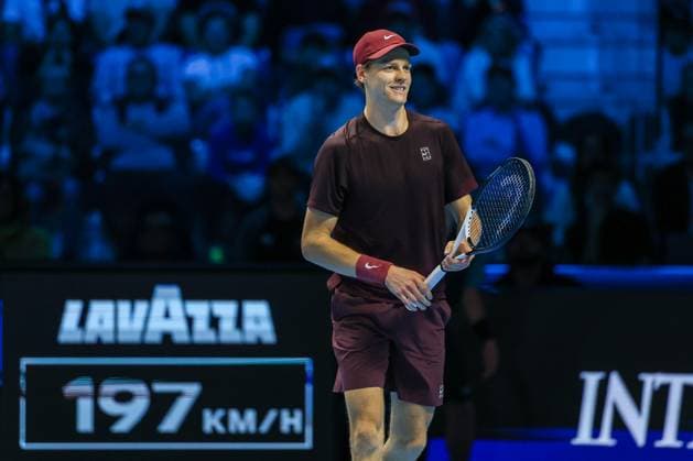 Jannik Sinner of Italy vs Ben Shelton of United States - Nitto ATP, Tennis Herren FINALS 2025 Turin - 14 11 2025 Jannik Sinner of Italy celebrates during Men s Singles Group Stage match against Ben Shelton of United States on day six of the Nitto ATP Finals 2025 at Inalpi Arena in Turin Copyright: xBEAUTIFULxSPORTS Carabellix