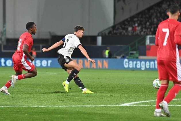 Torj Tom BISCHOF (GER) zum 1-0, Torschuss,Aktion, Fussball U 21 Laenderspiel EM-Qualifikation, Gruppenphase , Deutschland (GER) - Malta (MLT) am 14.11.2025 Sportpark Ronhof. Â