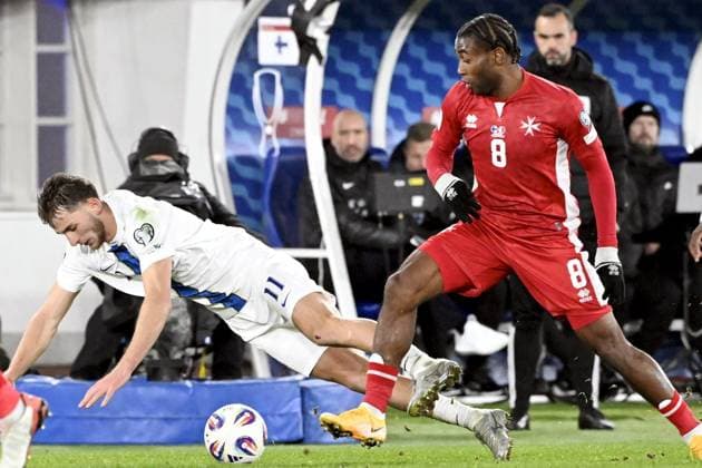Malta s Paul Mbong tackles Finland s Adam Marhiev (L) during the FIFA World Cup, WM, Weltmeisterschaft, Fussball 2026 Group G European qualification football match between Finland and Malta in Helsinki, Finland, on November 14, 2025. Helsinki Finland LKFTJK20251114195440KLHA  Copyright: xHeikkixSaukkomaax LKFTJK20251114195440KLHA