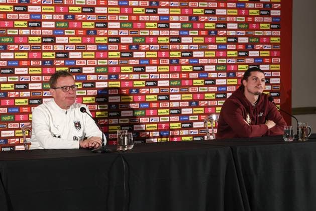 SOCCER - FIFA WC quali, CYP vs AUT PAPHOS,CYPRUS,14.NOV.25 - FIFA World Cup, WM, Weltmeisterschaft, Fussball 2026, European Qualifiers, group stage, OEFB international match, Länderspiel, Nationalmannschaft Cyprus vs Austria, preview, press conference, PK, Pressekonferenz AUT. Image shows head coach Ralf Rangnick and Marcel Sabitzer (AUT).  GEPAxpictures xArminxRauthner