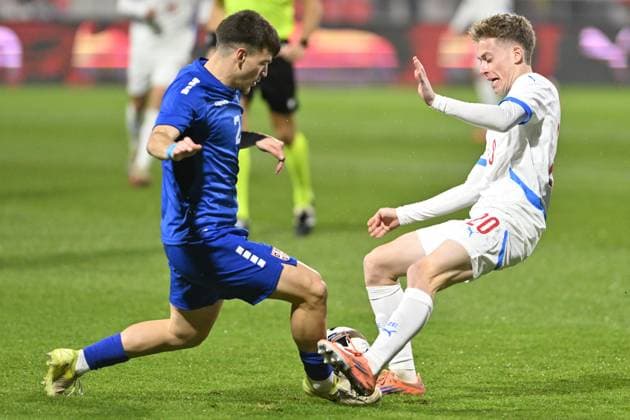 From left Boris Matic of Serbia and Czech David Planka in action during the friendly match Under-21 Czech Republic vs Serbia in Pardubice, Czech Republic, November 14, 2025. (CTKxPhoto JosefxVostarek) CTKPhotoP2025111407525  CTKPhotoP2025111407525