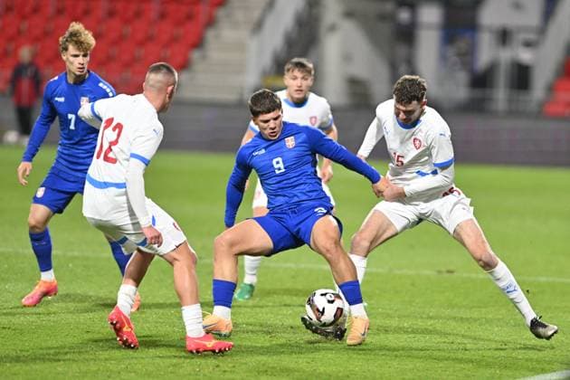 From left Czech Jan Tredl, Jovan Mijatovic of Serbia and Czech Ondrej Coudek in action during the friendly match Under-21 Czech Republic vs Serbia in Pardubice, Czech Republic, November 14, 2025. (CTKxPhoto JosefxVostarek) CTKPhotoP2025111407555  CTKPhotoP2025111407555