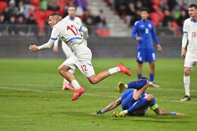 From left Czech Jan Tredl, Bogdan Kovacevic of Serbia in action during the friendly match Under-21 Czech Republic vs Serbia in Pardubice, Czech Republic, November 14, 2025. (CTKxPhoto JosefxVostarek) CTKPhotoP2025111407631  CTKPhotoP2025111407631