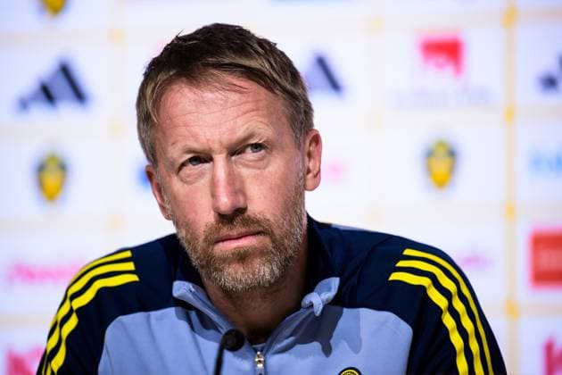251114 Head coach Graham Potter of the Swedish national football team during a press conference, PK, Pressekonferenz on November 14, 2025 in Geneva. Photo: Joel Marklund BILDBYRAN kod JM JM0750 bbeng fotboll football soccer fotball vm-kval FIFA World Cup, WM, Weltmeisterschaft, Fussball qualifier presskonferens press conference sverige sweden sverige a Copyright: JOELxMARKLUND BB251114JM041