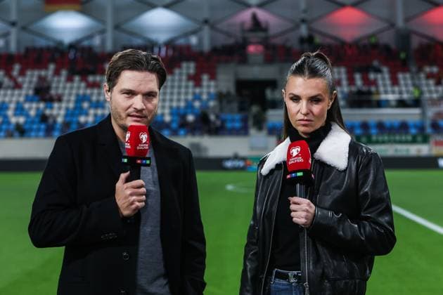 Fussball, UEFA European Qualifiers WM Qualifikation Europa Gruppe A - 9.Spieltag Luxemburg - Deutschland 14.11.2025, Stade de Luxembourg Edin Terzic (Experte RTL), Laura Wontorra (Moderatorin RTL) Luxemburg Stade de Luxembourg Luxemburg