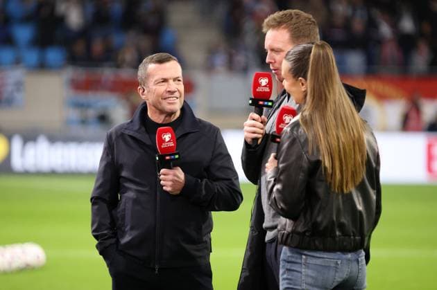 14.11.2025, Fussball, Herren, Qualifikation, European Qualifiers, Luxemburg - Deutschland, TV-Experte Lothar Matthäus, Trainer Julian Nagelsmann (Deutschland) und Moderatorin Laura Wontorra Luxemburg Stade de Luxembourg Luxemburg Luxemburg (LUX) Copyright: xFabianxKleerx