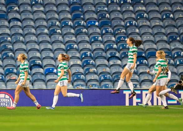 Rangers Women v Celtic Women Scottish Womens Premier League 1 Jennifer Smith of Celtic Women (left) celebrates scoring her teams first goal with team mates during the Scottish Womens Premier League 1 match at Ibrox Stadium, Glasgow UK Newspapers OUT Copyright: xFredxPalmerx FIL-22499-0043