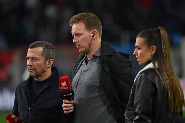 14.11.2025, xjrdrx, Fussball, WM-Qualifikation 2026 Luxemburg - Deutschland emspor, v.l. Lothar Matthäus (RTL), Julian Nagelsmann (Deutschland, Trainer), Laura Wontorra (RTL) (DFL DFB REGULATIONS PROHIBIT ANY USE OF PHOTOGRAPHS as IMAGE SEQUENCES and or QUASI-VIDEO) Luxemburg
