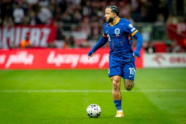 Netherlands forwarder Memphis Depay during the match FOOTBALL - EUROPEAN QUALIFIERS - POLAND - NETHERLANDS at the PGE Narodowy (National Stadium) for the FIFA World Cup, WM, Weltmeisterschaft, Fussball 2026 UEFA Qualifiers - Group G - Matchday 9 season 2025-2026 in WARSAW, Poland on 14 november 2025, (photo by Stefan Koops EYE4images DeFodi Images)