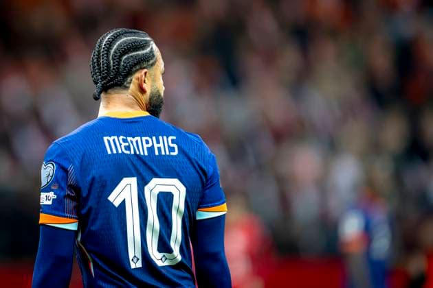 Netherlands forwarder Memphis Depay during the match FOOTBALL - EUROPEAN QUALIFIERS - POLAND - NETHERLANDS at the PGE Narodowy (National Stadium) for the FIFA World Cup, WM, Weltmeisterschaft, Fussball 2026 UEFA Qualifiers - Group G - Matchday 9 season 2025-2026 in WARSAW, Poland on 14 november 2025, (photo by Stefan Koops EYE4images DeFodi Images)