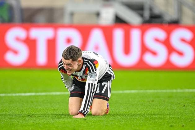 Florian Wirtz (Germany) looks dejected on the ground during the FIFA World Cup, WM, Weltmeisterschaft, Fussball 2026 qualifier match between Luxembourg and Germany at Stade de Luxembourg on November 14, 2025 in Luxembourg, Luxembourg. (Photo by Harry Langer DeFodi Images)