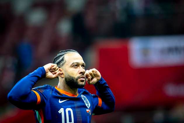 Netherlands forwarder Memphis Depay celebrating the goal during the match FOOTBALL - EUROPEAN QUALIFIERS - POLAND - NETHERLANDS at the PGE Narodowy (National Stadium) for the FIFA World Cup, WM, Weltmeisterschaft, Fussball 2026 UEFA Qualifiers - Group G - Matchday 9 season 2025-2026 in WARSAW, Poland on 14 november 2025, (photo by Stefan Koops EYE4images DeFodi Images)