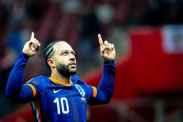 Netherlands forwarder Memphis Depay celebrating the goal during the match FOOTBALL - EUROPEAN QUALIFIERS - POLAND - NETHERLANDS at the PGE Narodowy (National Stadium) for the FIFA World Cup, WM, Weltmeisterschaft, Fussball 2026 UEFA Qualifiers - Group G - Matchday 9 season 2025-2026 in WARSAW, Poland on 14 november 2025, (photo by Stefan Koops EYE4images DeFodi Images)