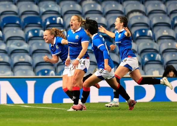 Rangers Women v Celtic Women Scottish Womens Premier League 1 Katie Wilkinson of Rangers Women (second from left) celebrates scoring her teams second goal with team mates during the Scottish Womens Premier League 1 match at Ibrox Stadium, Glasgow UK Newspapers OUT Copyright: xFredxPalmerx FIL-22499-0067
