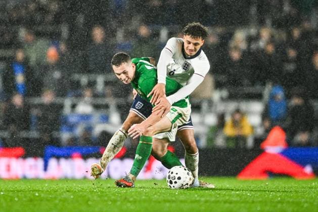 14th November 2025; St Andrews, Birmingham, Midlands, England; UEFA European Under 21 Championship Qualifying, England versus Republic of Ireland; Darius Lipsiuc of Ireland U21, U 21 holds off Max Alleyne of England U21  GodfreyxPitt