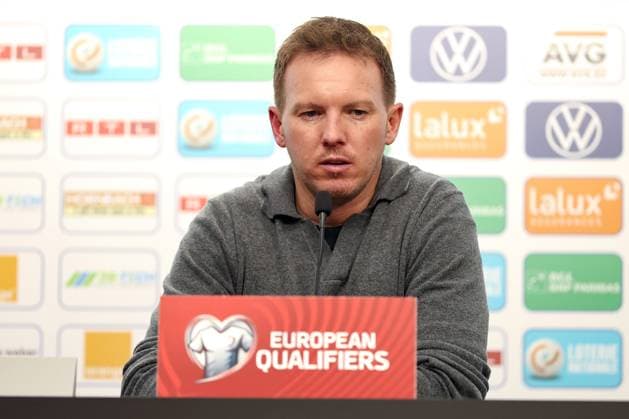 14.11.2025, Fußball, Länderspiel, WM-Qualifikation Europa, Deutschland - Luxemburg, Stade de Luxembourg (Croix de Gasperich, Luxemburg), 9. Spieltag, Saison 2025 2026: Nationaltrainer Julian Nagelsmann (GER hc) bei der Pressekonferenz nach dem Spiel Regulations prohibit any use of photographs as image sequences and or quasi-video. Luxemburg