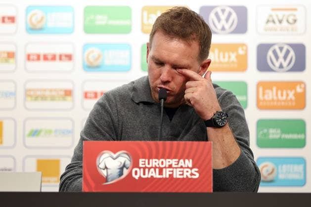 14.11.2025, Fußball, Länderspiel, WM-Qualifikation Europa, Deutschland - Luxemburg, Stade de Luxembourg (Croix de Gasperich, Luxemburg), 9. Spieltag, Saison 2025 2026: Nationaltrainer Julian Nagelsmann (GER hc) bei der Pressekonferenz nach dem Spiel Regulations prohibit any use of photographs as image sequences and or quasi-video. Luxemburg