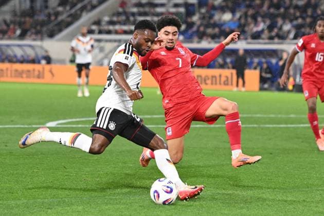 Ridle BAKU (GER) gegen Aiman DARDARI (LUX) Luxemburg (LUX - Deutschland (GER) Fussball Laenderspiel, WM Qualifikation Europa Gruppe A, Spieltag 9, matchday9, am 14.1.2025, Stade de Luxembourg, Luxemburg, Â