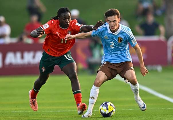 Portugal v Belgium : Round of 32- FIFA U-17 World Cup Qatar 2025 Stevan Manuel of Portugal and Arthur De Kimpe of Belgium in action during the FIFA U-17 World Cup Qatar 2025 Round of 32 match between Portugal and Belgium in Doha, Qatar, on November 14, 2025. DOHA Qatar Copyright: xNOUSHADxTHEKKAYILx