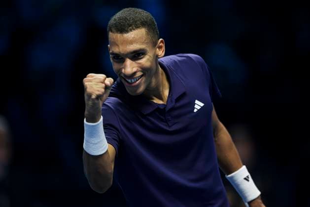 Nitto ATP, Tennis Herren Finals 2025 - Day Six Felix Auger-Aliassime of Canada celebrates the victory at the end of his round robin singles match against Alexander Zverev of Germany during day six of the Nitto ATP Finals 2025. Felix Auger-Aliassime won 6-4, 7-6(4). Turin Italy Copyright: xNicolòxCampox