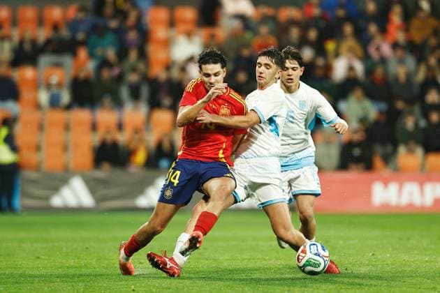 (L-R) Miguel Carvalho (ESP), Marco Casadei (SMR), NOVEMBER 14, 2025 - Football Soccer : UEFA Under-21 Championship 2027 qualifying round match between U21, U 21 Spain - U21 San Marino at the Estadio Angel Carro in Lugo, Spain. Noxthirdxpartyxsales  aflo_310442536