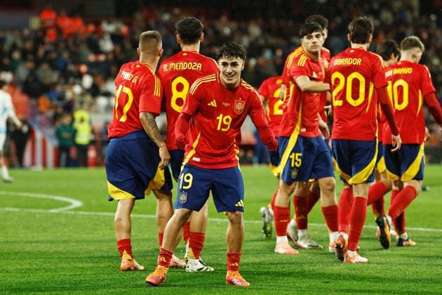 Jan Virgili (ESP), NOVEMBER 14, 2025 - Football Soccer : Virgili celebrate after his goal during UEFA Under-21 Championship 2027 qualifying round match between U21, U 21 Spain - U21 San Marino at the Estadio Angel Carro in Lugo, Spain. Noxthirdxpartyxsales  aflo_310442577