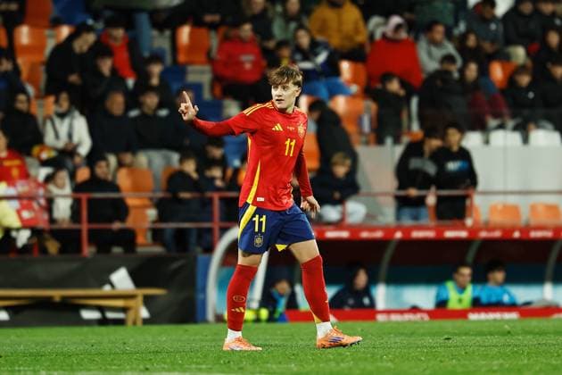 Jesus Rodriguez (ESP), NOVEMBER 14, 2025 - Football Soccer :Jesus Rodriguez celebrate after his goal during UEFA Under-21 Championship 2027 qualifying round match between U21, U 21 Spain - U21 San Marino at the Estadio Angel Carro in Lugo, Spain. Noxthirdxpartyxsales  aflo_310442626