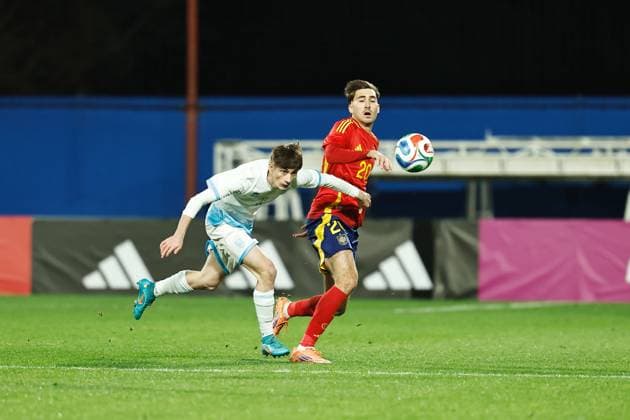(L-R) Marco Gasperoni (SMR), Rafel Obrador (ESP), NOVEMBER 14, 2025 - Football Soccer : UEFA Under-21 Championship 2027 qualifying round match between U21, U 21 Spain - U21 San Marino at the Estadio Angel Carro in Lugo, Spain. Noxthirdxpartyxsales  aflo_310442638